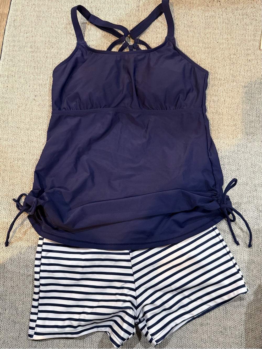Younique Navy Blue Tankini with Navy & White Striped Shorts